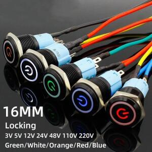 16mm LED 잠금 방수 금속 푸시 버튼 스위치 유지형 래칭 3V 5V 12V 24V 48V 110V 220V