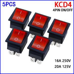 5피스 2 위치 빨간불 로커 16A/250V KCD4-20 4 핀 ON/OFF 토글 35x25.5x10mm