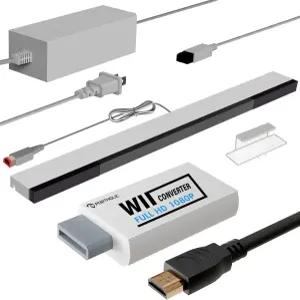 포트홀릭 4 in 1 Wii 교체 케이블 세트 AC 전원 어댑터 HDMI 변환기 유선 모션 센서 바 및 닌텐도 복합