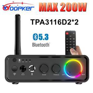 Woopker 미니 블루투스 파워 앰프, M19 BT TPA3116D2, 200W 오디오 마이크 포함 2.0 채널, 광 동축 입력