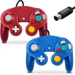 FIOTOK 게임큐브 컨트롤러 Wii 닌텐도 클래식 유선 블루 레드-2팩