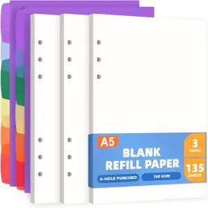 A5 6링 바인더용 Antner 블랭크 리필 용지 6구 플래너 삽입물 135장 가능한 노트북 저널 스케치북 유제품용
