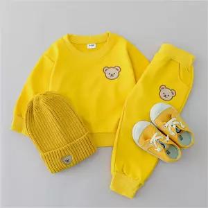 2PCS 세트 봄과 가을 간단한 작은 곰 머리 라운드 넥 긴 소매 바지