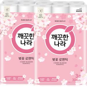 깨끗한나라 벚꽃 프리미엄 3겹 27m 30롤 2팩 (60롤)