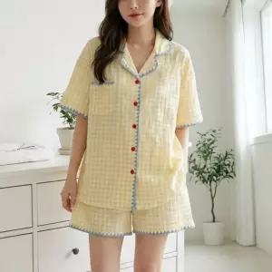 피크닉 옐로우 체크 파자마 지지미 여성잠옷 반팔 반바지 상하세트 여름 홈