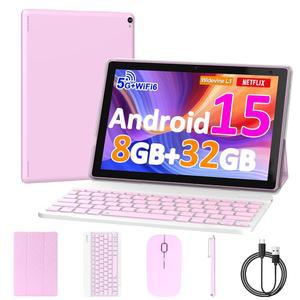 10인치 안드로이드 15 태블릿, 8GB RAM 32GB ROM 강력한 쿼드코어 CPU, 1280*800 해상도 화면 태블릿 PC, 8MP 카메라, 6000mAh 배터리 컴퓨터, 키보드, 케이스, 마우스, 스타일러스 노트북이 포함된 태블릿 1개 중