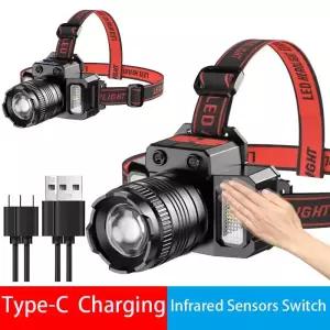 헤드랜턴 낚시산 스마트 유도 백색광 LED 헤드라이트 줌 USB 충전 센서 헤드램프 야외 헤드 토치 랜턴 램프
