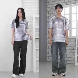 남녀공용 스트라이프 티셔츠 여성 남성 반팔 단가라 줄무늬 기본티 학생 단체복 커플티 라운드넥