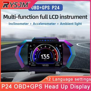 헤드업디스플레이 HUD P24 차량용 OBD 스마트 GPS 가속도계 헤드업 디스플레이 전압계 경사계 듀얼 타코미터 디지털 속도계 미터