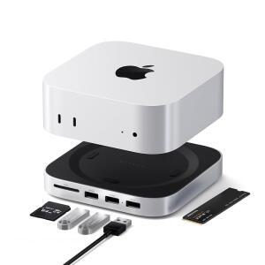 사테치 맥 미니 M4 허브 앤 스탠드( SSD 인클로저 ) 도크(2xUSB A 최대 10Gbps) USB 데이터 포트 SD 카드 리더 최적화된 자가 냉각 실버