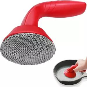 손잡이가 있는 주철 청소기 스크러버 3mm 용접 체인 메일 브러시 스펀지 청소 도구 - 프라이팬 웍 더치