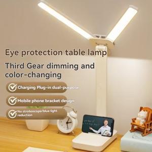 듀얼 헤드 LED 책상 램프, USB 충전식 배터리가 포함된 접이식 밝기 조절 독서 등, 침실, 기숙사, 학습용