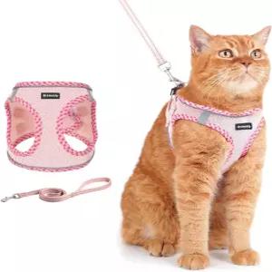 Rttochfy 고양이 하네스 및 목줄 세트 탈출 방지 반사 스트립이 있는 부드럽고 통기성 조끼 산책 여행용