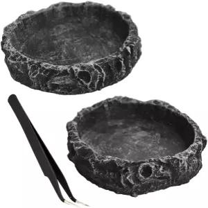 2PCS 파충류 물 접시 먹이 그릇 세트 레오파드 도마뱀 개구리 뱀 카멜레온 거북이를 위한 핀셋 집게가 있는