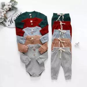 신생아 소년 봄 가을 늑골이있는/격자 무늬 단단한 옷 세트 긴 소매 바디 슈트 + 탄성 바지 2PCs 의상