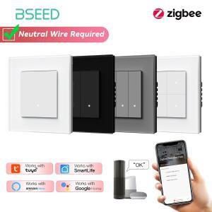 BSEED Zigbee 1234Gang 스마트 벽 스위치 Tuya 라이프 Alexa App 제어 유리 패널 클릭 버튼 EU 표준 86mm