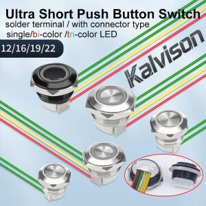 12mm16mm19mm 순간 푸시 버튼 스위치 1NO 초단형 블랙 쉘 헤일로 LED 12V 22mm RGB 커넥터 포함