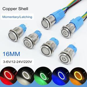 금속 푸시 단추 스위치 온 오프 순간 래칭 구리 쉘 링 램프 전원 기호 패턴 방수 12-24V 16mm