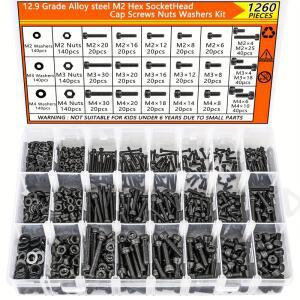 1260PCS M2 M3 M4 미터법 볼트 키트, 4-30MM 육각 소켓 캡 나사, 12.9 합금강 기계 너트 와셔 모음
