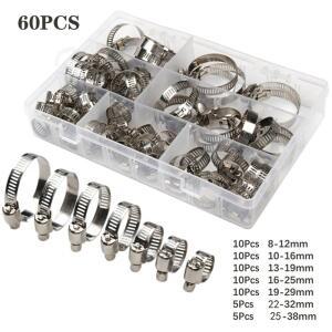 60pcs 8-38mm 조정 가능 스테인레스 스틸 스크류 밴드 호스 클램프 자동차 연료 파이프 웜 기어 클립