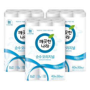 깨끗한나라 천연펄프 2겹 순수 오리지널, 40m, 30롤, 3개