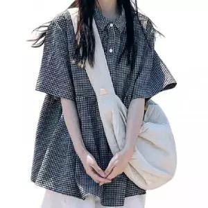 여성 여름 첵크 반팔 셔츠 셔링 블라우스 단추 카라 벌룬 와이드핏 LAW 여름블라우스 카라셔츠