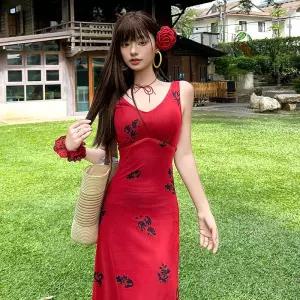 레드 원피스 치마 여자 롱 여름 세련도도녀 민소매 프렌치 프린트 브이넥 나시 해변 바캉스 비치 OOTD2