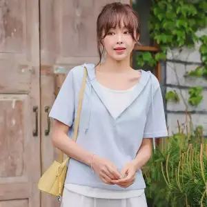 [핑크시슬리] 토즈니 슬라브 이중레이어드 반오픈 후드 반팔티