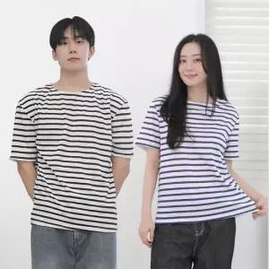 친절한탄씨 남녀공용 스트라이프 티셔츠 여성 남성 반팔 단가라 줄무늬 기본티 학생 단체복 커플티