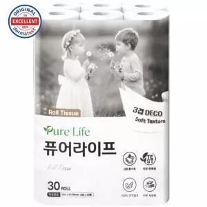 순수크린 퓨어라이프 천연펄프100% 롤화장지 30mX30롤 (1팩,2팩)