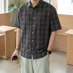 [쿼터]남자 세미 크롭 씨티 체크 반팔 셔츠 여름 남방