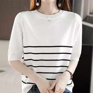 데일로엔 여성 캐주얼 라운드넥 스트라이프 여름 반팔티