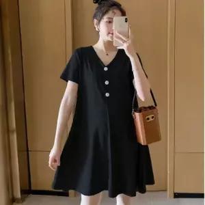쓰리버튼 단추 무릎기장 브이넥 원피스 임산부 넉넉한핏 여성 캐주얼 데일리 일상복 베이직 패션