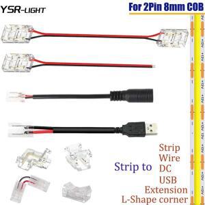 5Pcs 8mm 2Pin COB LED 스트립 커넥터 투명 테이프 빛 L 자형 코너 연장 와이어 DC USB 포트 스트립-와이어