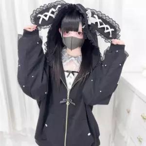 긴 소매 스트랩 토끼 귀 후드 두꺼운 따뜻한 JK 가디건 여성 Y2K 탑 귀여운 스트리트웨어