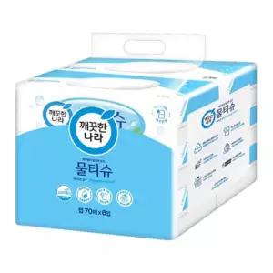 )물티슈(캡형 70매 6입) 형티슈 보습 깨끗한 멀티 가정용 고급 리필 캡형