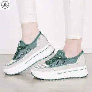 [애슬릿] 메쉬 스니커즈 키높이 통굽 밴딩 레이스업 큐빅 단화 5cm