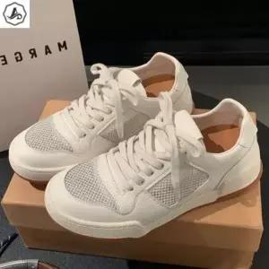 [애슬릿] 메쉬 스니커즈 소가죽 레이스업 화이트 심플 여름 단화 3.5cm