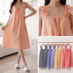 [유야]여성 지지미 체크 프릴 셔링 나시 롱 원피스잠옷 -EHO0006- 빅사이즈 루즈핏 오버핏 여름
