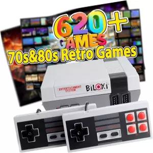 빌록시 620 레트로 게임 콘솔 620개의 2개의 컨트롤러가 내장된 8비트 클래식 미니 비디오 HDMI 및 출력