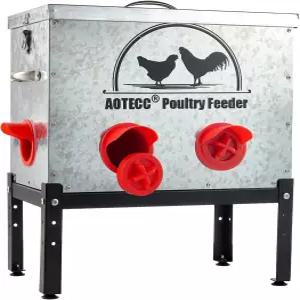AOTECC 금속 닭 모이통 40파운드 자동 6개의 먹이 포트 야외용 뚜껑 및 다리 기능이 있는 폐기물 가금류