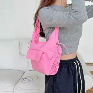 초경량 포켓 스트링 숄더백 토트백 나일론 생활 방수 여성가방 핑크) 장바구니 스트링