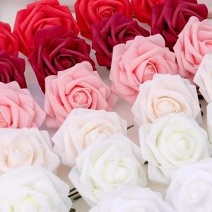 60/5PCS 인공 장미 꽃 DIY 웨딩 부케 빨간 벨벳 거품 발렌타인 어머니의 날 선물 파티 장식 가짜