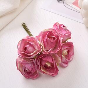 6pcs 인공 꽃 4cm 실크 밝은 핑크 장미 꽃다발 결혼식 홈 장식 DIY 화환 선물 상자 스크랩북 가짜