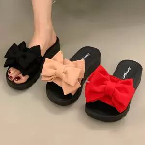 [오늘출발] 메르나뛰 자체제작 왕리본 패브릭 여성 러블리 통굽 슬리퍼 4cm A012