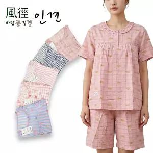 여자 캐릭터 풍경 인견 반팔 잠옷 상하 세트 여성 홈웨어 이지웨어