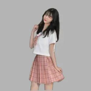 교복몰 오렌지핑크 체크 일본여고생 세라복 반팔 세트