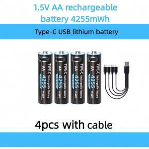 AA 1.5V 충전식 배터리 4255mWh 타입-C USB 리튬 리모컨 장난감 케이블 포함