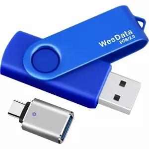 WesData 8GB USB 2.0 플래시 드라이브 및 C 어댑터 1개 썸 메모리 스틱 점프 OTG 타입 휴대폰 태블릿