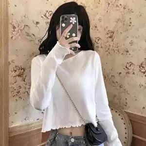 화이트 크롭티 여성 긴팔 밑단셔링 러블리 라운드 스포티 레이어드티-WFO4VGJ
